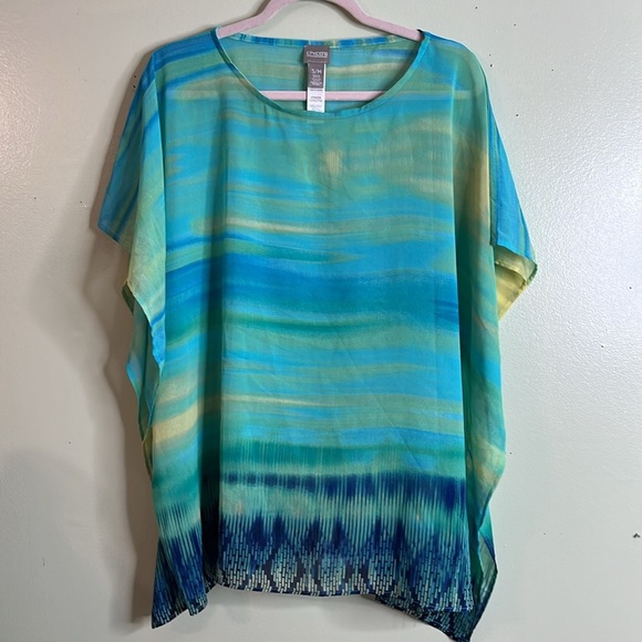 Chico's Vibrant Blue and Yellow Poncho top, semi sheer, size small/ medium - Picture 4 of 14